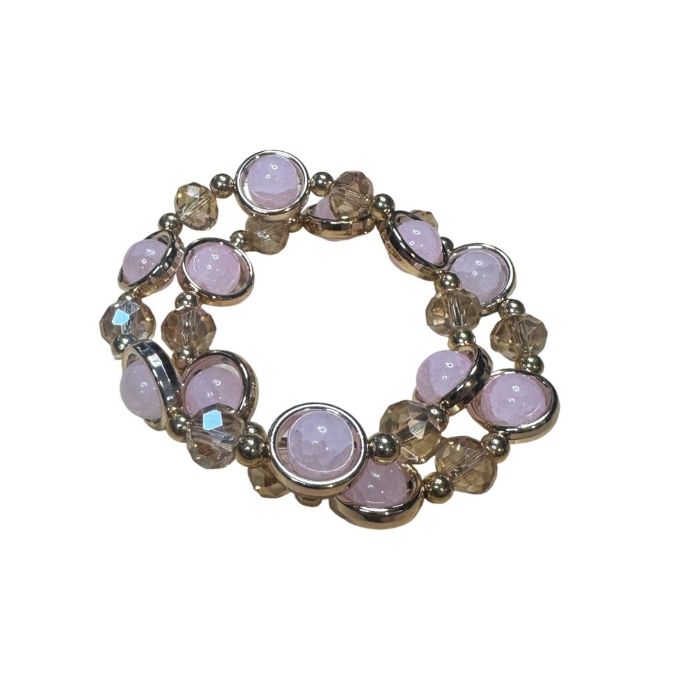 Pink Stone Gold Accent Beaded Stretch Bracelet Set Fashion Jewelry